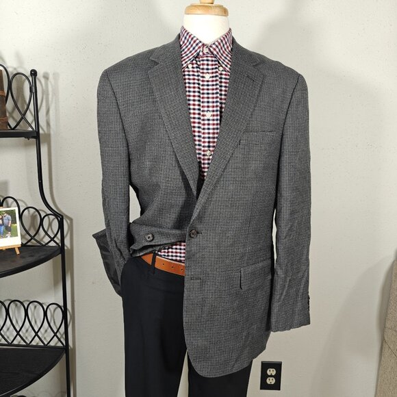 Ralph Lauren Mens Sport Coat Blazer Houndstooth Gray Silk Wool Cashmere Size 44L - Picture 1 of 15